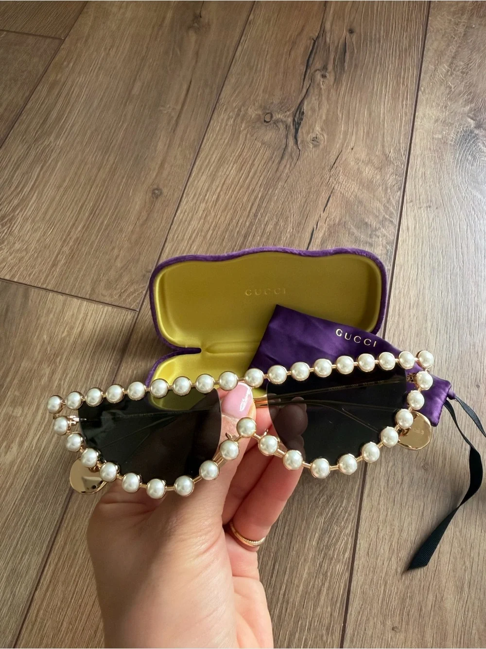 Gucci Pearl-Trim Cat Eye Sunglasses - Purple/Gold